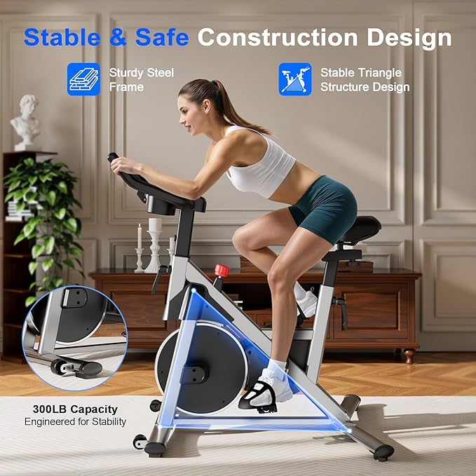 Indoor Cycling Bike - 32-Level Magnetic Resistance Stationary Exercise Bike with Adjustable Seat & Handlebars, Silent Belt Drive for Home Cardio (Fits Users 5'1" to 5'11", 300lbs Capacity)