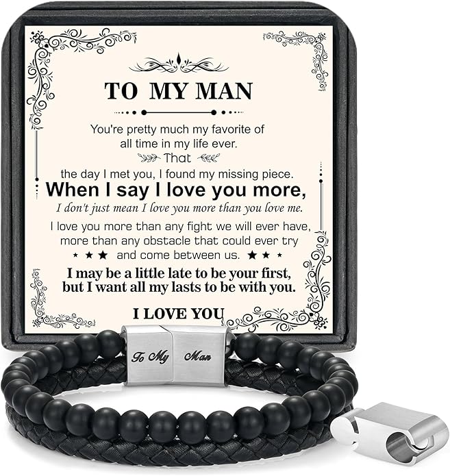 LUXEJEW Gifts for Men - Beaded Leather Bracelet 6mm Matte Agate Stone Bracelets for Men Dad Son Husband Boyfriend Grandpa Grandson Brother Uncle Nephew Adjustable Magnetic Clasp