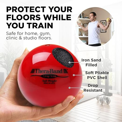 THERABAND Soft Weight, 4.5" Diameter, Weighted Balls for Baseball, Weighted Balls for Softball, Hand Held Ball Shaped Isotonic, Shoulder Strength, Rotator Cuff & Throwing Trainer, Red, 3.3LB