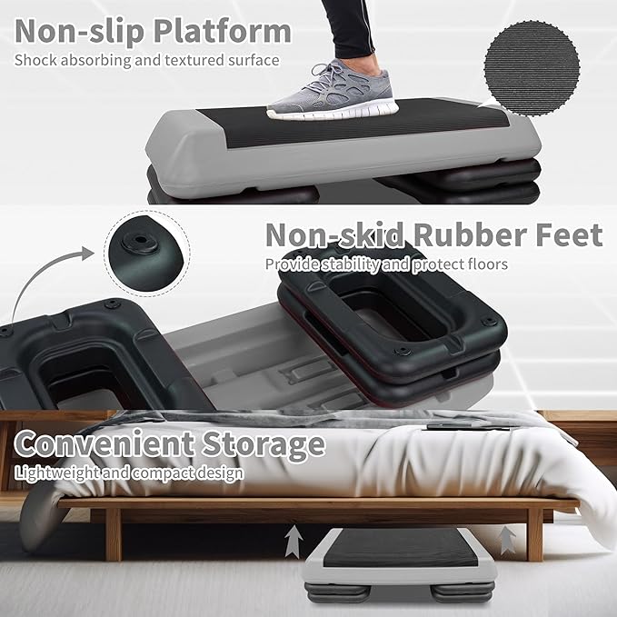 Gym Step Platform for Exercise at Home, Fitness Step for Home Workout, Adjustable Step Up Exercise Platform, Aerobic Stepper Step Platform with 4 Risers, Step Exercise Platform for Work Out