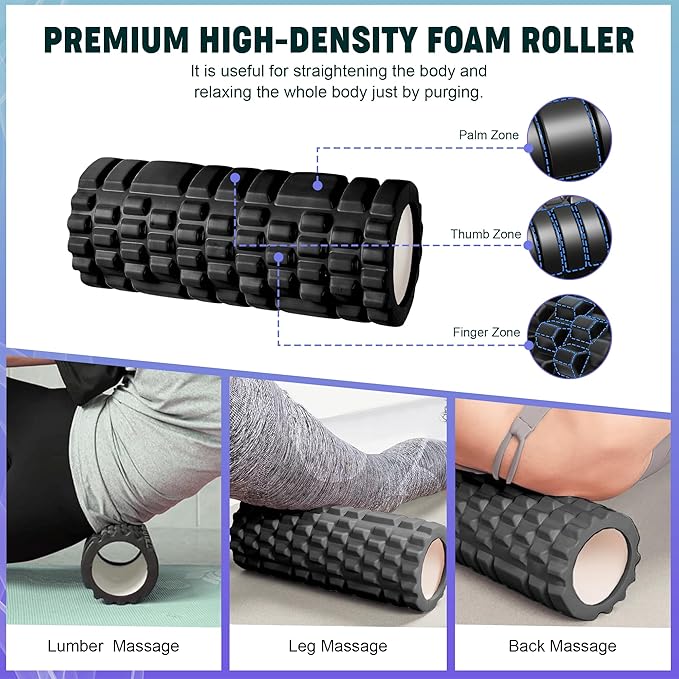 6 in 1 Foam Roller Set with High Density Massage Ball, Yoga Stick, Stretching Strap, Spiky Ball, Bag - Deep Tissue Trigger Point Massage Tool Workout Set - Back Stretcher Muscle Massager for Home