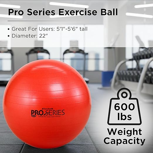 THERABAND Pro Series Exercise Ball, 22" Red Stability Ball for 5'1"–5'6" Users, Anti-Burst Yoga & Pilates Ball, Balance & Core Trainer, For Athletes Fitness at Gym & Home