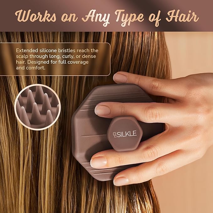 Scalp Massager Shampoo Brush – Silicone Scalp Scrubber for Hair Growth & Dandruff Removal, One-Piece, Non-Slip Handle, Soft Bristles, Wet/Dry Shower Scalp Exfoliator for All Hair Types – Brown