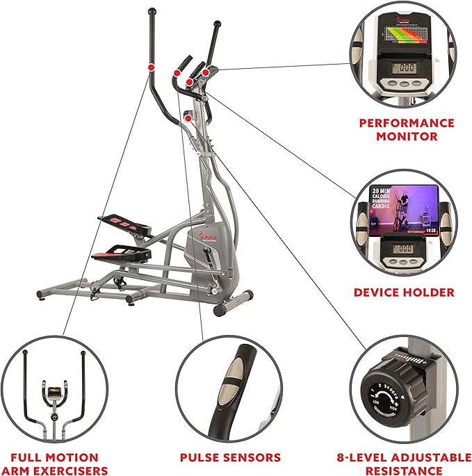 Sunny Health & Fitness Magnetic Elliptical Machine with Adjustable Resistance, Fully Body Workout for Home with Pulse Sensor Monitor, Long Stride Low-Impact Workout with SunnyFit App Access