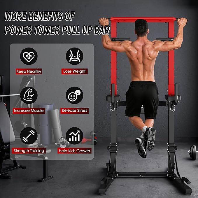 SogesHome Foldable Power Tower Pull Up Bar and Dip Stand, Height Adjustable Free Standing Strength Trainer Dip Station, Multifunctional Fitness Exercise Workout Pullup Station for Home Gym Equipment, Black Red