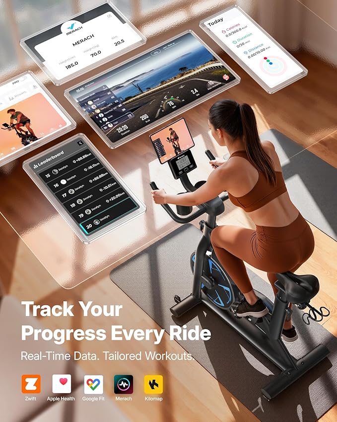 Merach Magnetic Exercise Bike, Low Noise Stationary Bike for Home with Comfortable Seat Cushion, Spinning Bike with 330 lb Weight Capacity, Exclusive App, Tablet Mount and Fitness Courses