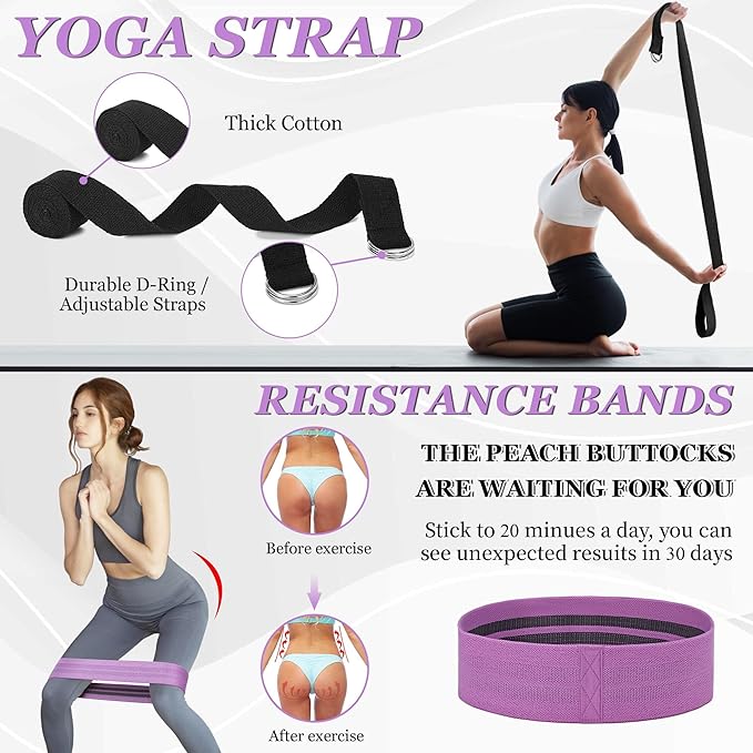 All in One Yoga Wheel Set, Soft Foam Roller Wheel for Back Pain & Stretching, Yoga Blocks 2 Pack with Strap, Trigger Point Therapy Massage Ball for Deep Tissue, Yoga Starter Kit for Beginner