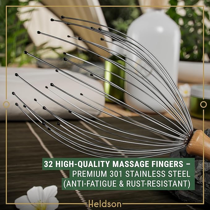 HELDSON® Premium Wire Head Massager Scalp Massage Tool - 32 Fingers Octopus Scratcher - Stress Relax Tickler - Hair Massagers Whisk - Headspa Equipment - Headscratcher Tickle Tools - Gift Men, Women