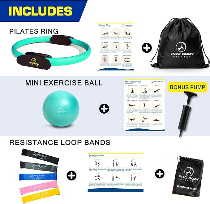 ProBody Pilates Ring Set with 14-Inch Magic Circle Ring, 9-Inch Exercise Ball, 5 Resistance Bands, Pump, Training Guides, & Storage Bag for Core Strength, Balance, Stability Training