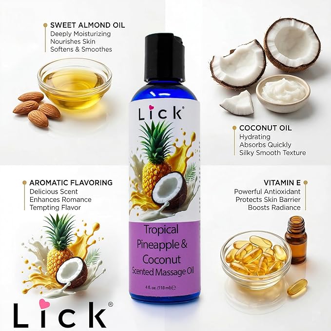 Lick Tropical Coconut and Pineapple Massage Oil – Island-Inspired Edible Massage Oil with Almond Oil & Vitamin E, Smooth Glide for Couples Massage Escapes, 4 oz