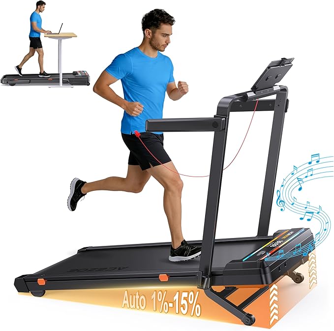 Foldable Walking Pad with 0-15% Auto Incline and Handle Bar, Under Desk Treadmill with 300LBS Weight Capacity, 3.0HP Quiet Treadmills for Home with Speaker, APP & Remote Control