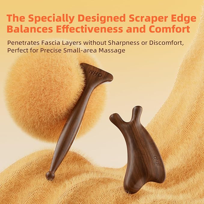 NHO 2-in-1 Sandalwood Gua Sha Tool Fascia Scraper & Lymphatic Drainage for Face, Neck, Jaw, Shoulder, Deep Tissue Muscle Relaxer, Myofascial Trigger Point Scraper for Full Body Massage