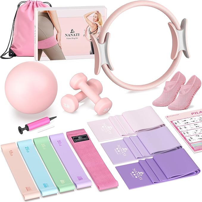 Pilates Kit, Pilates Essential Kit for Women, Pilates Equipment with 14.5" Pilates Ring and Ball, Resistance Bands,Dumbbells & Grip Socks Accessories, Home Pilates Workout Kit for Starter