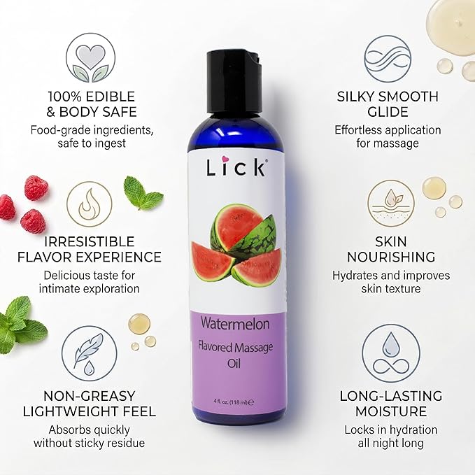Watermelon Flavored Massage Oil for Couples – Edible Massaging Lotion with Vitamin E, Sweet Almond and Coconut Oil is Non Sticky and Gentle on Skin – Natural, Relaxing and Vegan (4 oz)