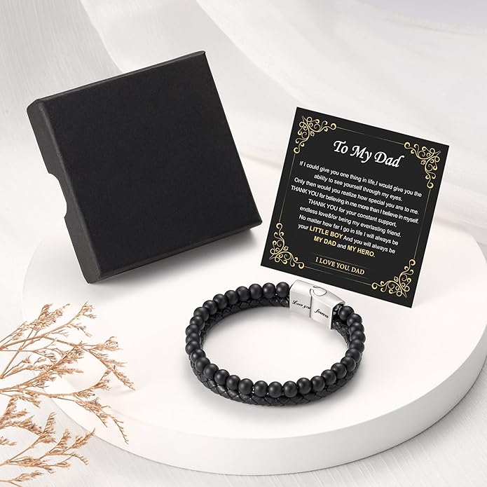 LUXEJEW Gifts for Men - Beaded Leather Bracelet 6mm Matte Agate Stone Bracelets for Men Dad Son Husband Boyfriend Grandpa Grandson Brother Uncle Nephew Adjustable Magnetic Clasp