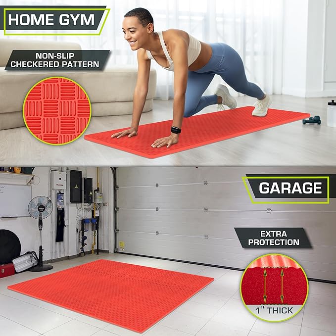 ProsourceFit Exercise Puzzle Mat 1-in, Checkered EVA Foam Floor Tiles w/Non-Slip Texture, Gym Mat w/Interlocking Foam Tiles for Adjustable Surface, Shock Absorbing, Waterproof Gym Flooring, Red