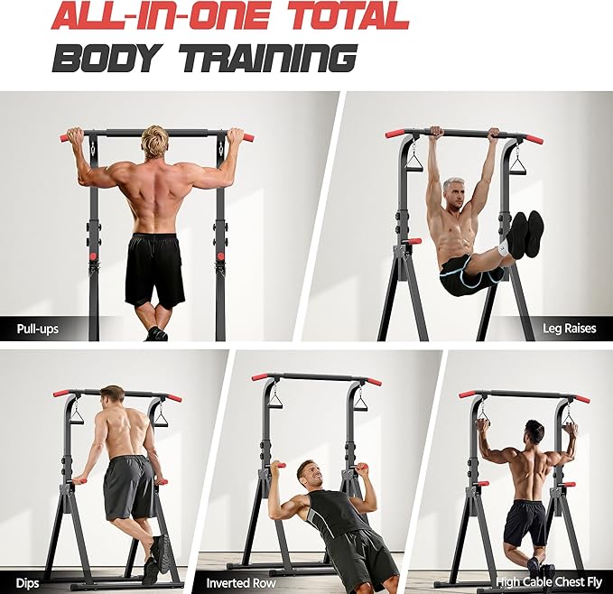 Power Tower Pull Up Bar Free standing with Resistance Bands, 350LBS Heavy Duty Alloy Steel Dip Station for Home Gym Strength Training, Adjustable Height Workout Equipment