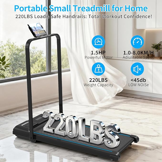 3 in 1 Walking Pad Treadmill with Handle | 1.5HP Under Desk Treadmill for Home Office | Foldable Compact Walking Jogging Running Machine | 220LBS Capacity, ≤45dB Quiet Treadmill