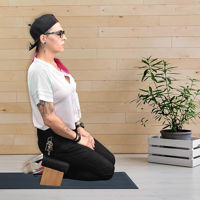 Mudra Crafts Black Foldable Meditation Chair - Yoga Zen Meditation Bench Kneeling Stool - Wooden Meditation Stool with Cushion - Prayer Kneeler Seiza Meditation Seat