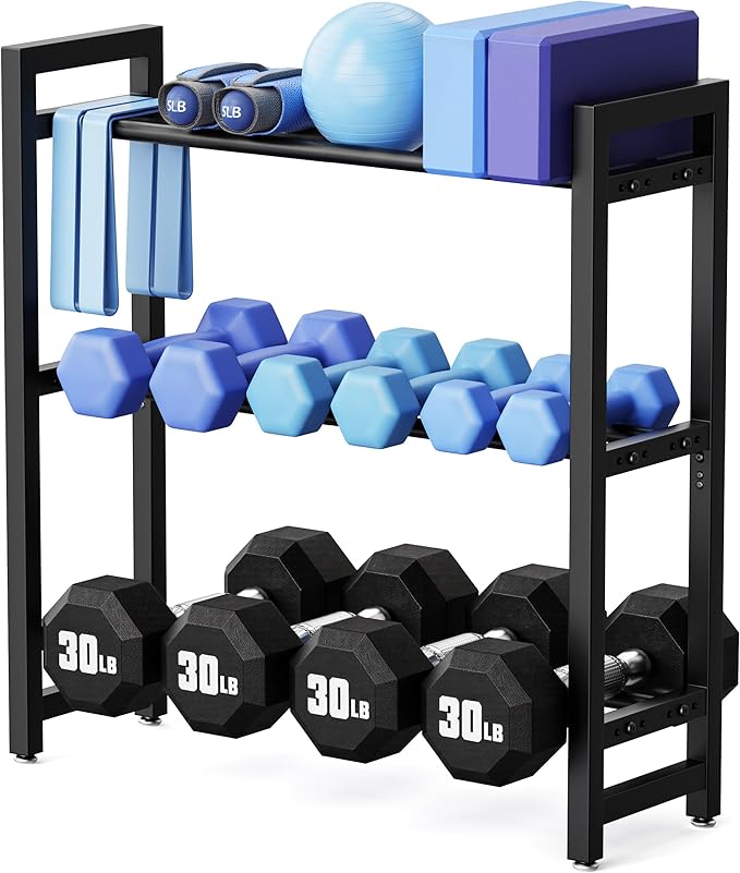 3 Tier Adjustable Dumbbell Rack – Heavy-Duty Weight Storage Stand for Dumbbells, Kettlebells, Multiple Balls, 450 lb Total Capacity, Space-Saving Home Gym Organizer (Rack Only)