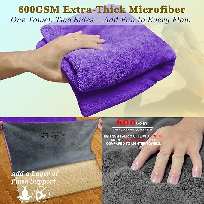 Yoga Mat Towel with Hand Towel, Extra Thick (600GSM) Soft Hot Yoga Towel, Non-Slip and Sweat Absorbent for Hot Yoga, Bikram, Pilates, and Fitness, 72" x 27.5", Dual-Color, Grey/Purple