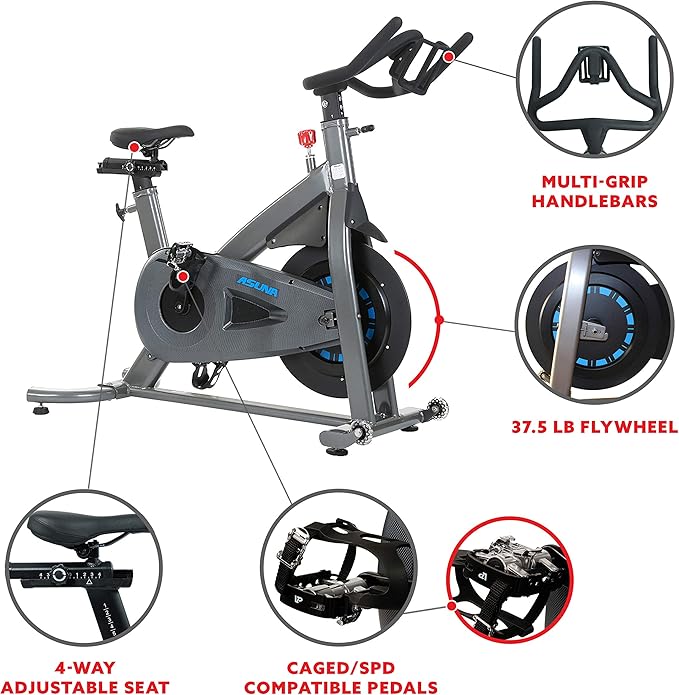 Sunny Health & Fitness Premium ASUNA Indoor Stationary Exercise Bike, Indoor Cycling Equipment w/Step-less Magnetic Resistance Plus Adjustable Handlebar & Seat, Home Cardio Training Machine for Adult