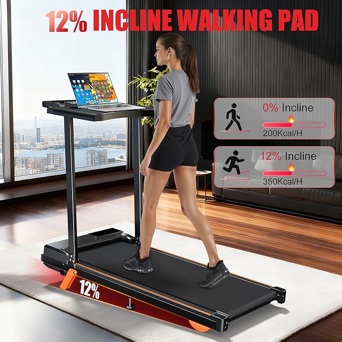 Walking Pad Treadmill with Desk Workstation, 12% Incline Treadmills for Home Office, 350lbs Capacity, 3.5H(L)