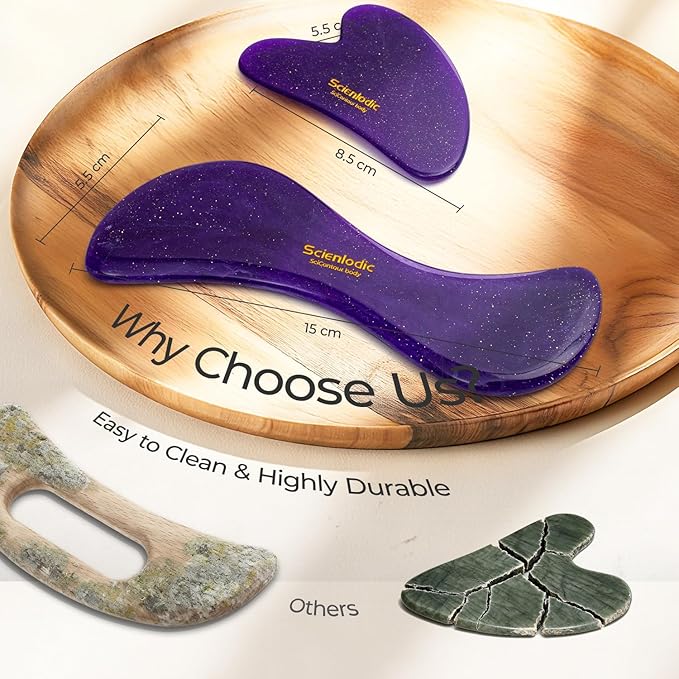 Scienlodic 2 Pcs Gua Sha Massage Tools for Face & Body (Purple, Resin) - Guasha Scraping Tool for Jawline Contouring, Puffiness Reduction, Neck, Shoulders, Arms & Calves Relaxation