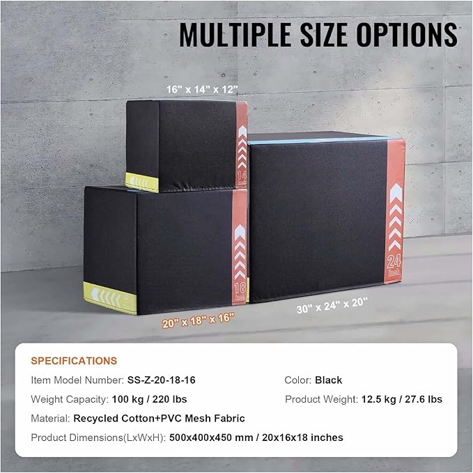 Plyometric Jump Box 3-in-1, 20/18/16 Inch - Cotton Plyo Box for Fitness, Agility & Strength Training - Step Up Platform - Home Gym Equipment - Black