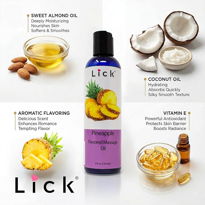 Lick Pineapple Flavored Massage Oil – Sweet Tropical Edible Massage Oil with Vitamin E, Smooth Body-Safe Glide for Couples Massage & Sensory Date Nights, 4 oz