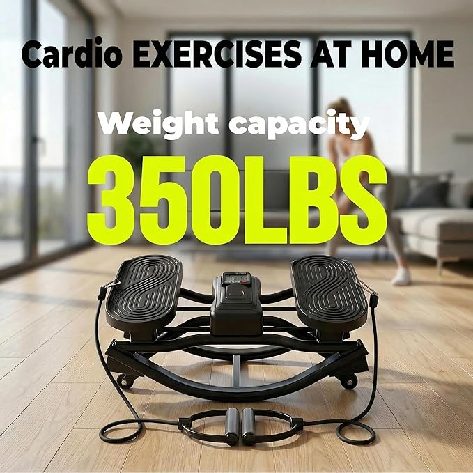 Rocking Stepper, Portable Home Fitness Rock Stepper Side to Side with Digital Display & Elastic Rope, 320LBS Capacity, Aerobic Workout for Leg & Glute Training, Home Office Apartment Use (Black)