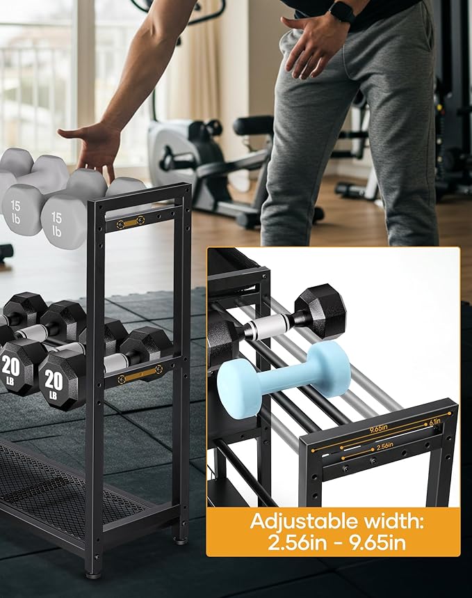 3-Tier Dumbbell Rack Stand Only - Adjustable Weight Rack for Home Gym, Heavy-Duty Weight Stand for Dumbbells Kettlebells Foam Roller Yoga Mats, Workout Equipment Storage Organizer With Hooks
