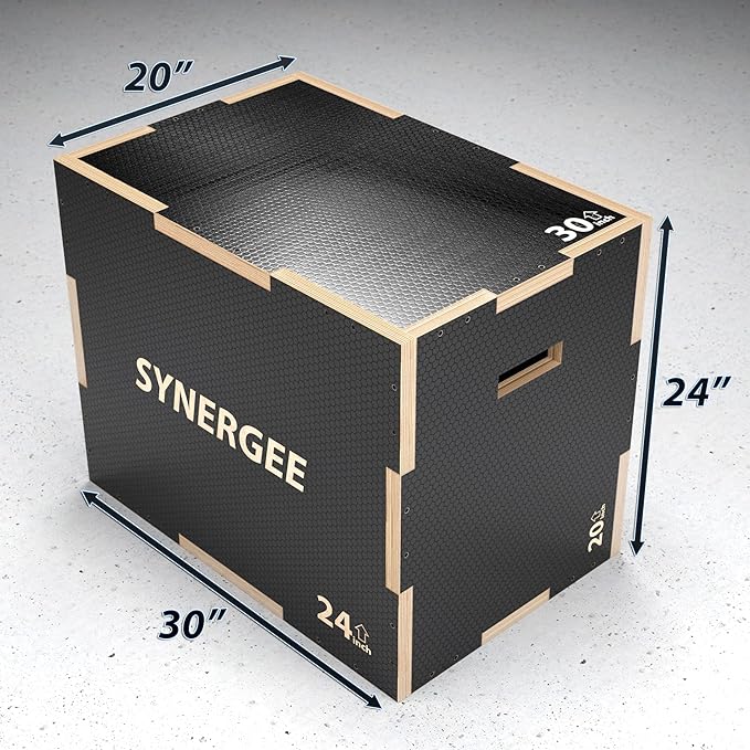 Synergee 3 in 1 Non-Slip Plyometric Box for Jump Training and Conditioning. Wooden Plyo and Soft Plyo Box All In One Jump Trainer. Sizes 20/18/16, 16/14/12