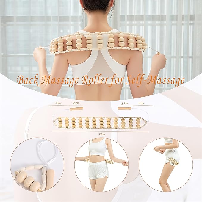 Wood Therapy Massage Tools Maderoterapia Kit Body Sculpting Tools for Lymphatic Drainage and Anti-Cellulite .Wood Massager Roller Rpoe for Back and Muscle Pain Relief (Medium)