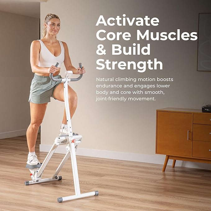 Sunny Health & Fitness Smart Foldable Cardio Stair Stepper, Vertical Climber with Extended Step Range, SunnyFit App Connection – Pink / White / Gray