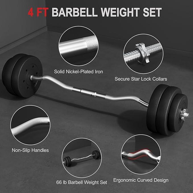 Yaheetech Barbell Set Olympic Curl Bar Weights & 2 Olympic Barbell Clamps Strength Training Bars