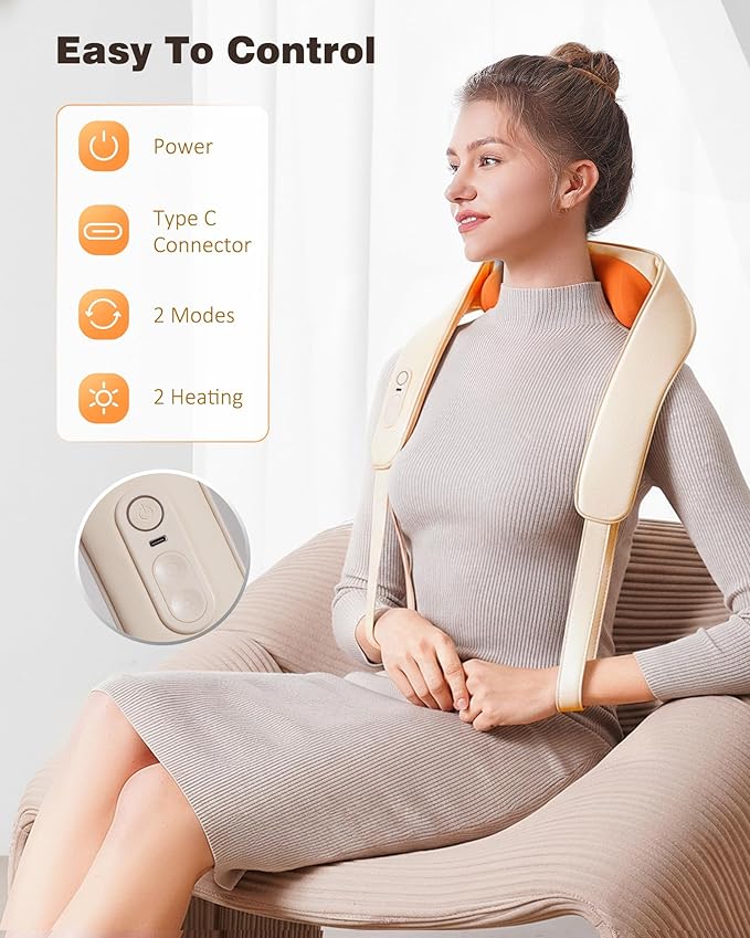 Neck and Shoulder Massager with Heat, Cordless Back and Neck Massager, Upgraded Graphene Heating, 4D Shiatsu Deep Kneading Massage for Shoulder, Back Pain Relief, Gifts for Dad Mom Friend (Beige)
