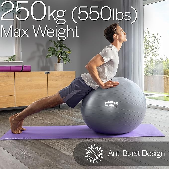 Core Balance Exercise Ball, Stability Ball for Yoga, Pilates and Fitness, Gym Ball for Home Gym and Office Chair, Training, Physical Therapy, Anti Burst, Pump Included, 55cm 65cm 75cm 85cm