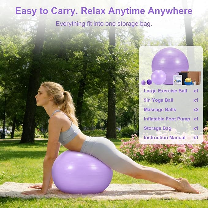 4Pcs Yoga Ball Set includes Large and 9in Pilates Balls, Massage & Spiky Ball for Fitness ,Anti-Burst Exercise Ball with Pumb for Pregnancy,Physical Therapy,Office Chair, Home Workout,3Sizes,3Colors