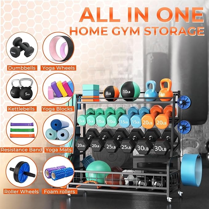 4-Tier Dumbbell Rack Weight Stand - Adjustable Weight Rack,Home Gym Storage for Dumbbells Kettlebells Yoga Mat and Balls, All in One Workout Storage with Wheels and Hooks,Powder Coated Finish Steel