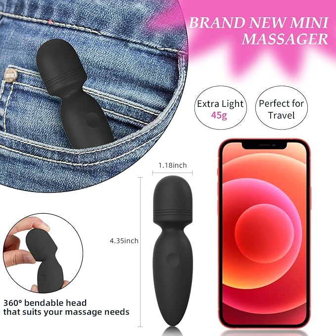 Mini Massager Tools,Small Waterproof Cordless Handheld Massager with 10 Vibration Modes, Personal Handheld Massager for Back（Black）