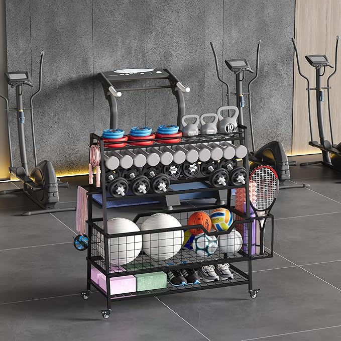 Dual-Sided Dumbbell Rack with Hooks & Wheels, Adjustable Home Gym Storage Rack for Dumbbells, Kettlebells, Balls, Yoga Mats, Ab Roller, Weight Rack Organizer for Workout Equipment