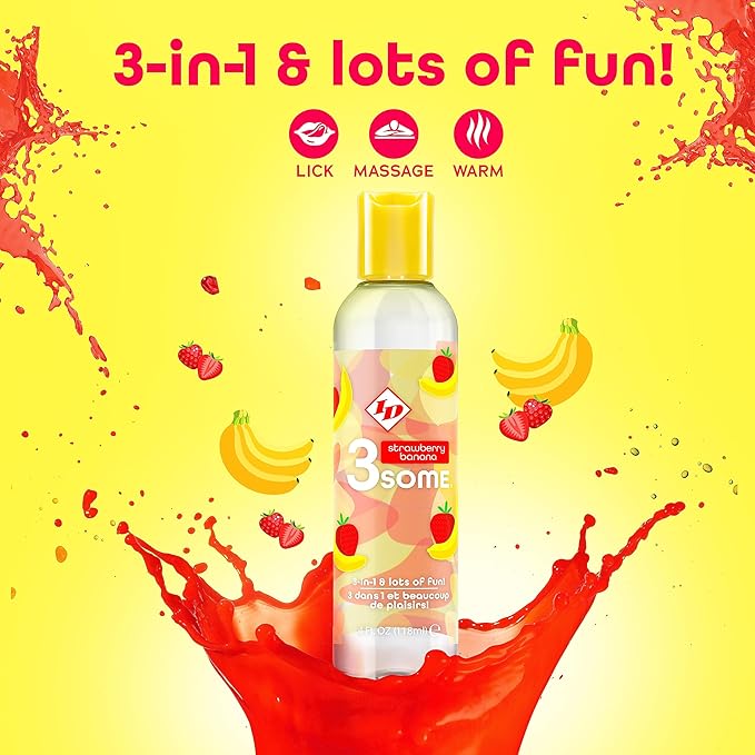 ID Lubricants 3some Flavored Sensual Massage – Strawberry Banana Oral Delight & Warming Fun for Couples Pleasure - 4 fl oz 3in1 Sensual Massage Lube