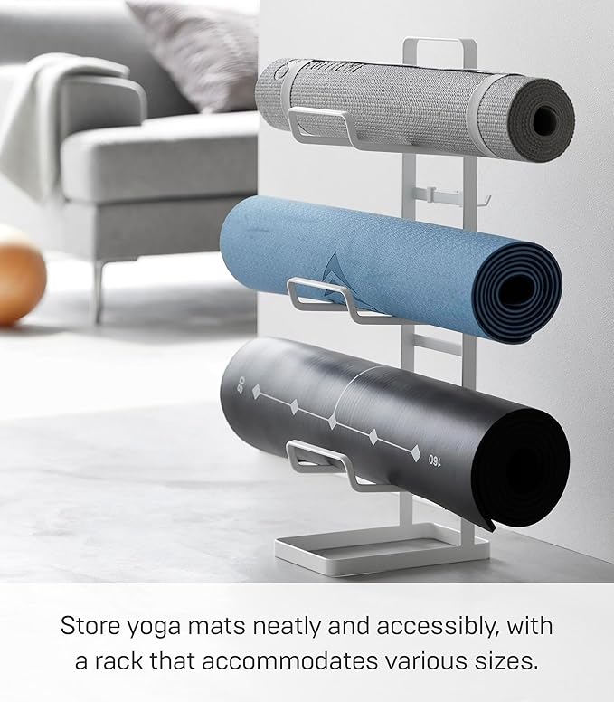 YAMAZAKI Home Tower Steel Storage Rack for Yoga Mats & Foam Rollers - Includes Hooks for Fitness Accessories - Steel