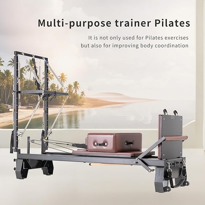 Foldable Oak Wood Pilates Reformer Machine with Reformer Box & Jump Board for Home, Studio, Gym & Yoga - 12-Level Resistance, Adjustable Shoulder Pad, Lightweight Aluminum Frame & PU Leather Carriage