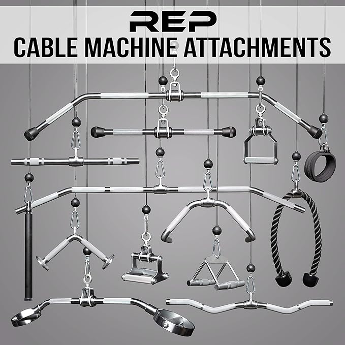REP Fitness LAT Pulldown and Low Row Cable Machine Attachments and Functional Trainer Attachments – Curl Bar, D-Handle, Ankle Cuff, Tricep Rope, Sports Handle, Straight Bar, Row, Chinning Triangle
