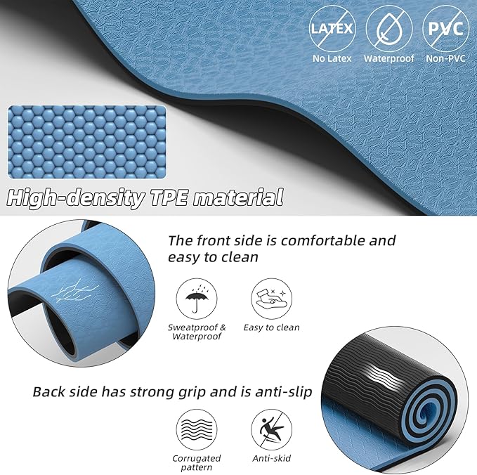 Large Yoga Mat 76"x 40"x10mm (2/5 inch) – Extra Thick & Wide, TPE Fitness Mat, Printed Non-Slip Exercise Mat with Carrying Strap for Men & Women, Pilates, Stretching, Fitness & Workout