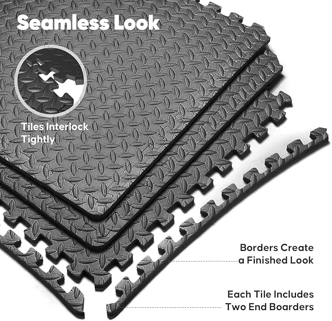 24 Pack Home Gym Mat, Puzzle Exercise Mat, EVA Interlocking Foam Floor Tiles for Home Workout Equipment and Kids' Play Areas - Black, 24 in x 24 in x ½ in - 24 Tiles (Black, 24 Pack, 96 SQ FT)