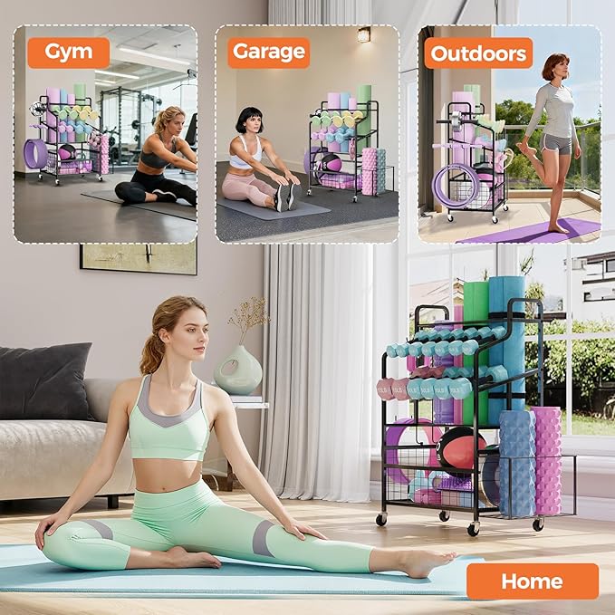 HavenlyYouth Dumbbell Rack, Home Gym Weight Rack Storage, Adjustable Dumbbell Stand Organizer with Wheels, Holds Dumbbells, Kettlebells, Yoga Mats