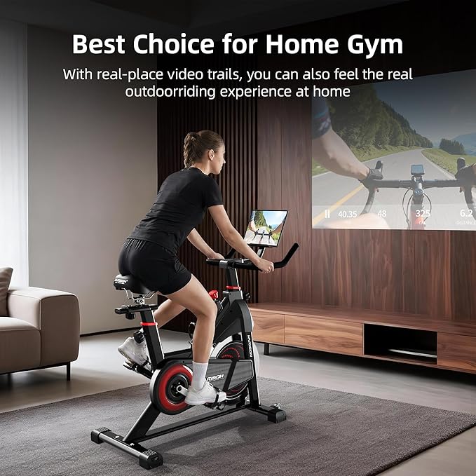 HARISON Exercise Bike, Magnetic Stationary Bike for Home, Quiet Dual-Belt Indoor Cycling Spin Bike, 380 lb Capacity, Adjustable Resistance, Push-to-Stop, 6-Level Handlebar, App Compatible